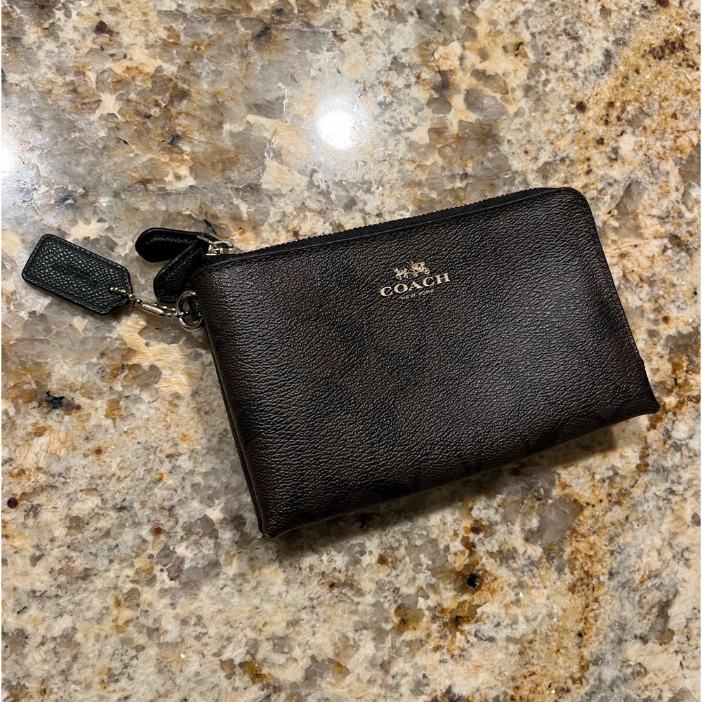Coach double gold zipper small wallet coin purse in dark brown print